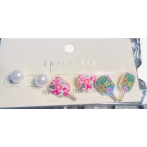 Influence Set of 3 Pickleball Pierced Earrings 2 paddles and 1 Pearl NWT